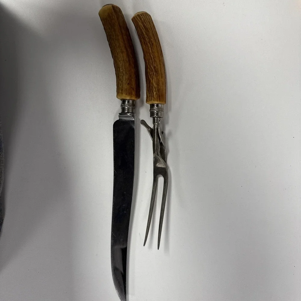 Latham & Owen Sheffield England Carving Set Antler Handles Knife Fork‎